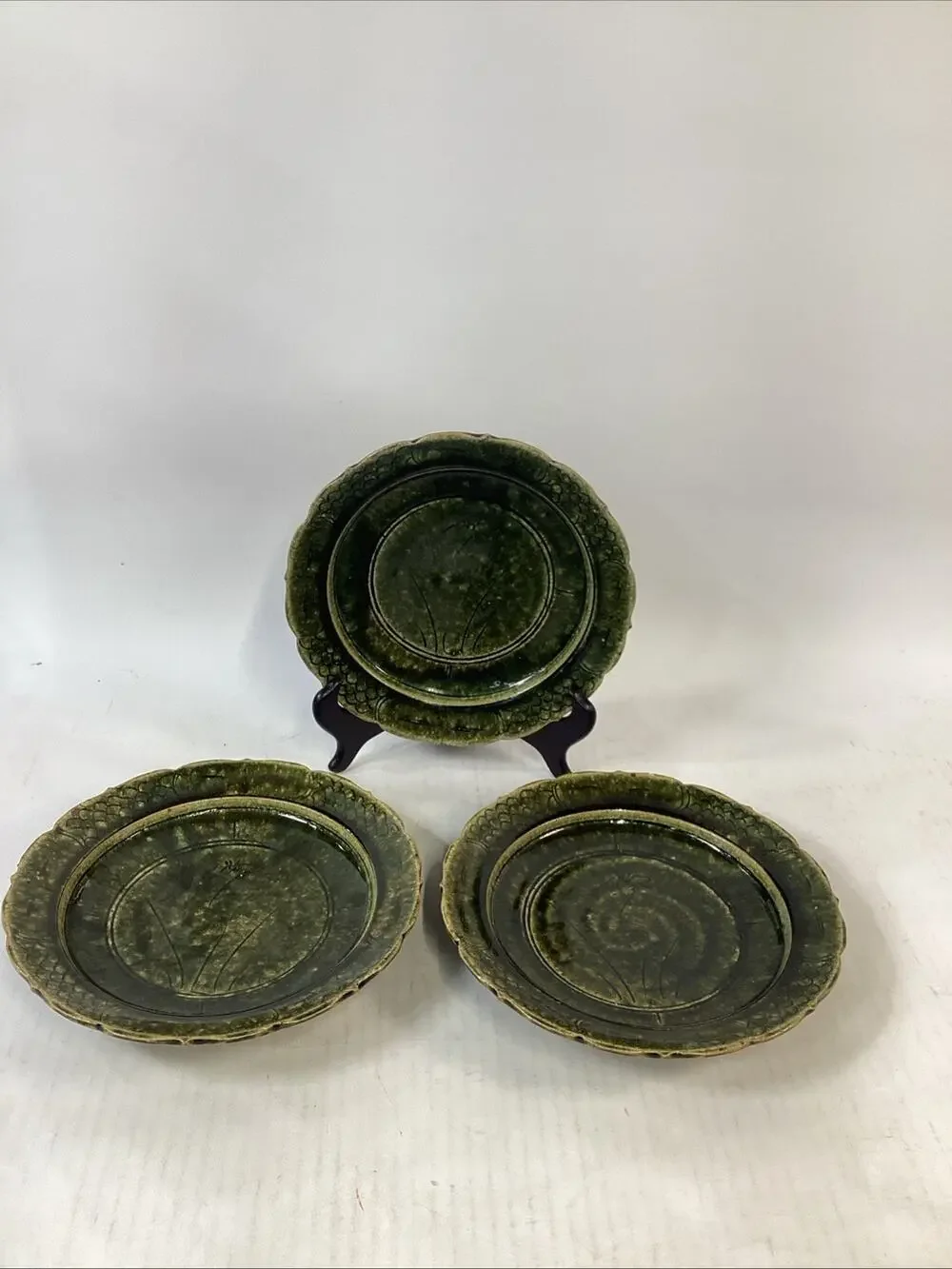 Handmade Hand Painted Dark Green Soup Salad Bowls - 8.25”D